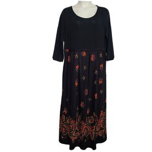 Ice Silk Maxi Dress Size 3XL Black Paisley Rayon Stretch Long 3/4 Sleeve